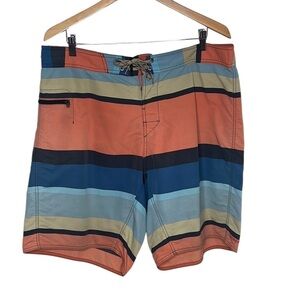Patagonia Wavefarer Orange Blue Striped Board Shorts Men Size 38 BLEMISH